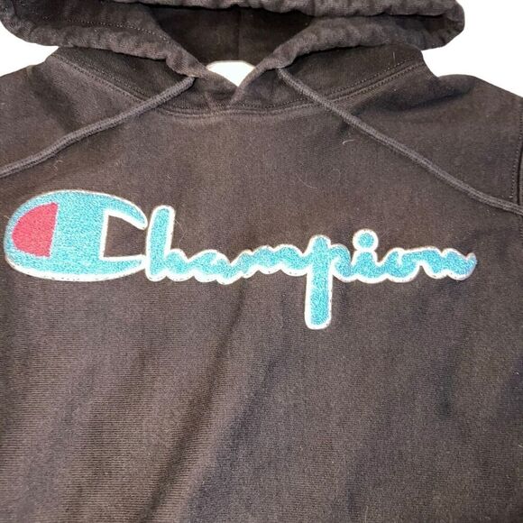 Vtg Champion Reverse Weave Hoodie Size Small Puff Embroidery Black Pullover - Picture 3 of 7